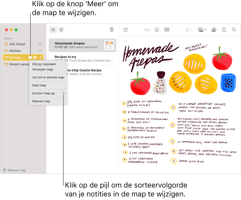 Het Notities-venster met één map in de navigatiekolom en de knop 'Meer' voor het wijzigen van een map. Boven de lijst met notities in het midden bevindt zich de sorteeroptie waarmee de volgorde van notities kan worden gewijzigd. Klik op de pijl om een andere sorteervolgorde te selecteren.