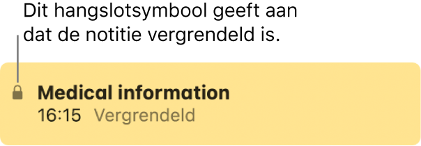 Vergrendelde notitie met een hangslotsymbool helemaal links.