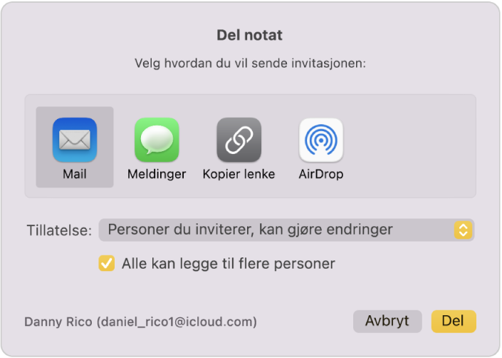 Del notater-dialogruten, der du kan velge hvordan du skal sende invitasjonen for å dele et notat.