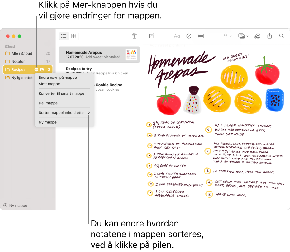 Notater-vinduet med én mappe i sidepanelet som viser Mer-knappen der du kan utføre endringer på en mappe. Over listen med notater i midten er sorteringsvalget som endrer rekkefølgen til notatene – klikk på pilen for å velge en annen sorteringsrekkefølge.