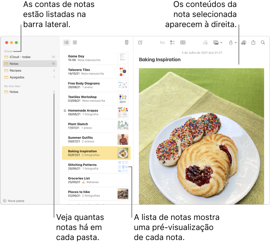 A janela da aplicação Notas com todas as suas contas configuradas e pastas listadas na barra lateral à esquerda, a lista de notas ao centro a mostrar uma pré‑visualização de cada nota e o conteúdo da nota selecionada apresentado à direita. O número de notas aparece ao lado de cada pasta.