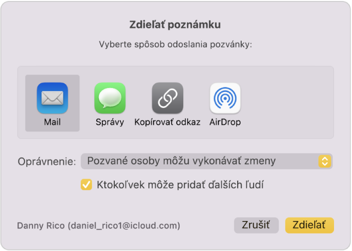 Dialógové okno Zdieľať poznámku, kde môžete vybrať spôsob poslania pozvánky na zdieľanie poznámky.