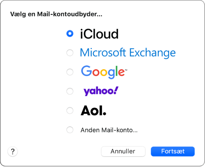 Den dialog, hvor du vælger en e-mailkontotype, med iCloud, Microsoft Exchange, Google, Yahoo, AOL og Anden Mail-konto.