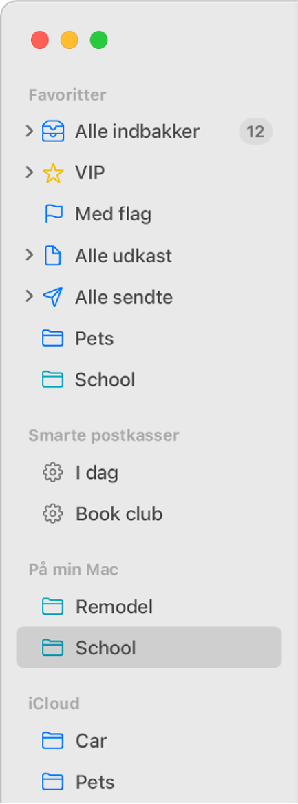 Indholdsoversigten i Mail, der viser standardpostkasser (f.eks. Indbakke og Udkast) øverst i indholdsoversigten, og postkasser, du har oprettet under På min Mac og iCloud.