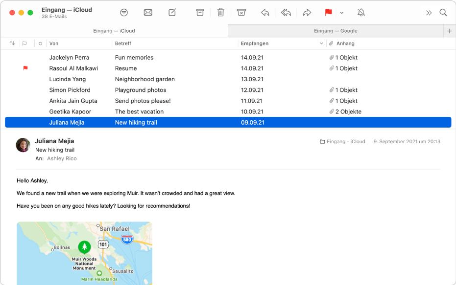 Das Mail-Fenster wird mit der E-Mail-Liste in der Spaltenanordnung – mit Spalten wie „Von“, „Betreff“ und „Empfangen“ – angezeigt und die E-Mail-Vorschau befindet sich unter der Liste.