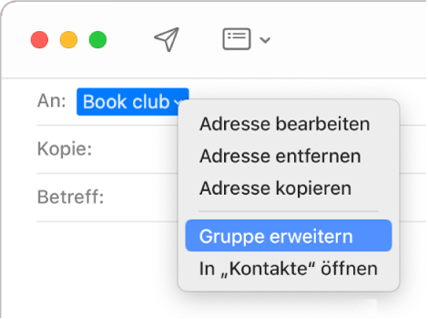 E-Mail mit einer Gruppe im Feld „An“ und dem Einblendmenü mit dem Befehl „Gruppe erweitern.