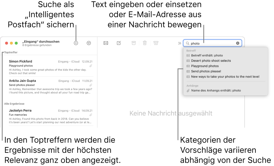 Das durchsuchte Postfach wird in der Suchleiste hervorgehoben. Wenn du ein anderes Postfach durchsuchen möchtest, klicke einfach auf dessen Namen. Du kannst Text in das Suchfeld eingeben oder einsetzen oder eine E-Mail-Adresse aus einer E-Mail bewegen. Während der Eingabe werden unterhalb des Suchfelds Vorschläge angezeigt. Diese werden abhängig von dem von dir gesuchten Text in Kategorien wie Betreff, Status oder Anhänge verwaltet. In den Toptreffern werden die Ergebnisse mit der höchsten Relevanz ganz oben angezeigt.