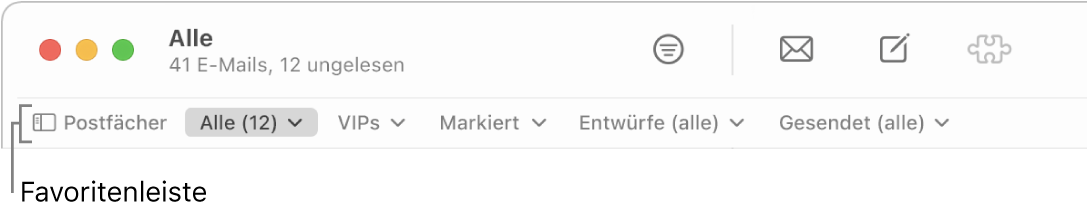 Die Favoritenleiste mit der Taste „Postfächer“ und Tasten für den Zugriff auf Favoriten-Postfächer wie „VIP“ oder „Markiert“.