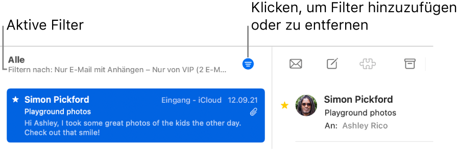 Das Fenster von Mail mit der Symbolleiste über der E-Mail-Liste, in der Mail die angewendeten Filter wie zum Beispiel „Nur von VIP“ anzeigt.