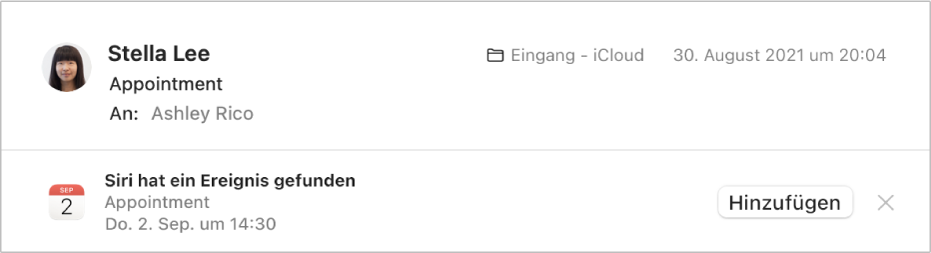 In der Vorschau erscheint unter dem Header einer Nachricht ein Banner mit Informationen zu dem Ereignis, das Siri in der Nachricht erkannt hat. Ganz rechts befindet sich ein Link, mit dem du das Ereignis in deinen Kalender übernehmen kannst.