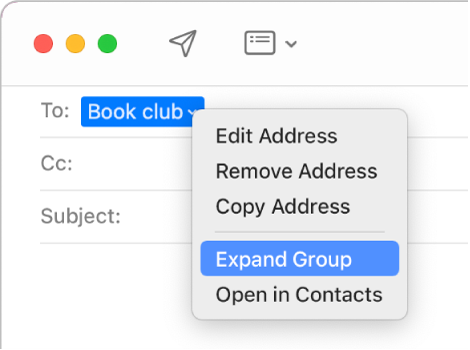 An email showing a group in the To field and the pop-up menu showing the Expand Group command.