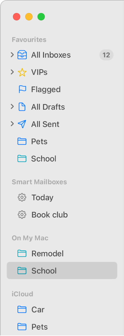 The Mail sidebar showing standard mailboxes (such as Inbox and Drafts) at the top of the sidebar and mailboxes you created in the On My Mac and iCloud sections.