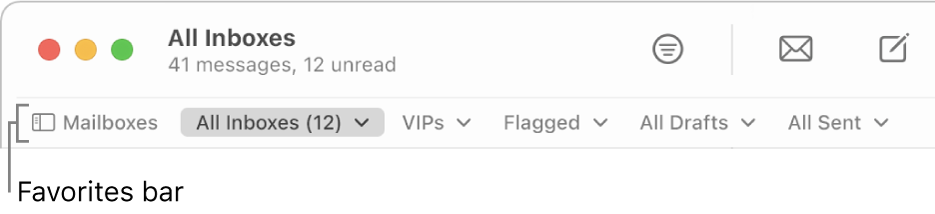 The Favourites bar showing the Mailboxes button and buttons to access favourite mailboxes, such as VIPs and Flagged.