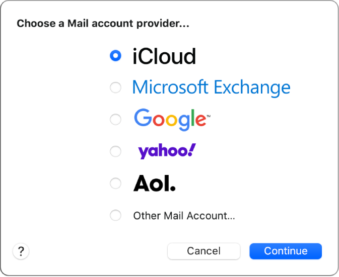 The dialogue to choose an email account type, showing iCloud, Microsoft Exchange, Google, Yahoo, AOL and Other Mail Account.