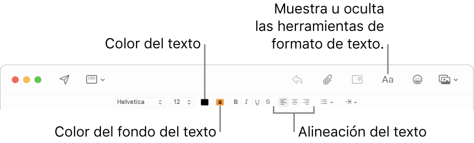 La barra de herramientas y de formato en la ventana de un nuevo mensaje indicando el color del texto, el color del fondo y los botones de alineación de texto.