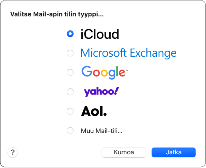 Valintaikkuna, jossa valitaan sähköpostitilin tyyppi. Näkyvissä ovat vaihtoehdot iCloud, Microsoft Exchange, Google, Yahoo, AOL ja Muu Mail-tili.