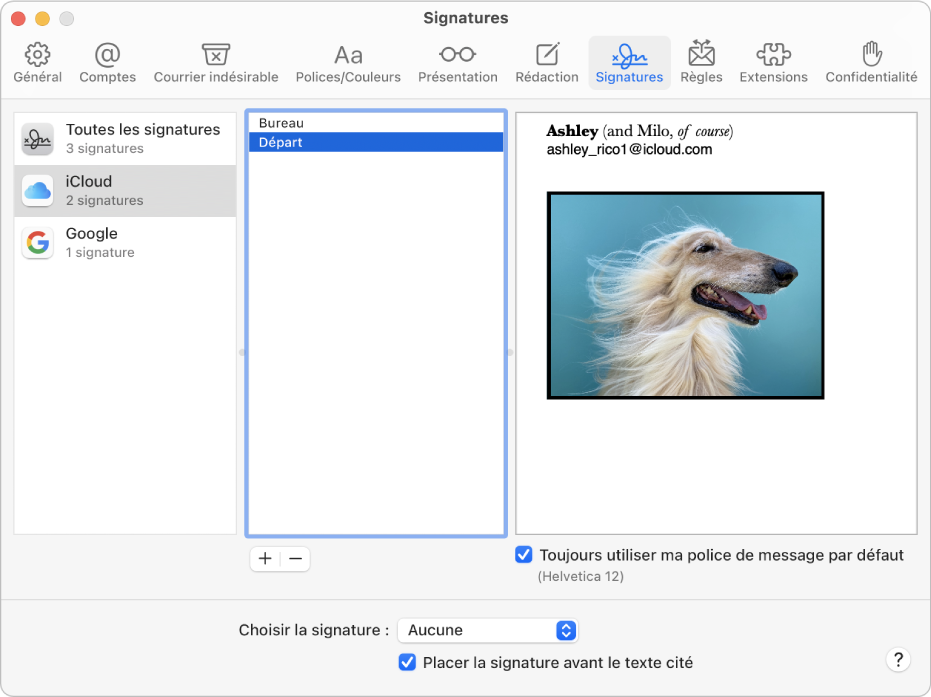 La sous-fenêtre de préférences Signatures de Mail affichant une signature qui contient du texte mis en forme ainsi qu’une image.