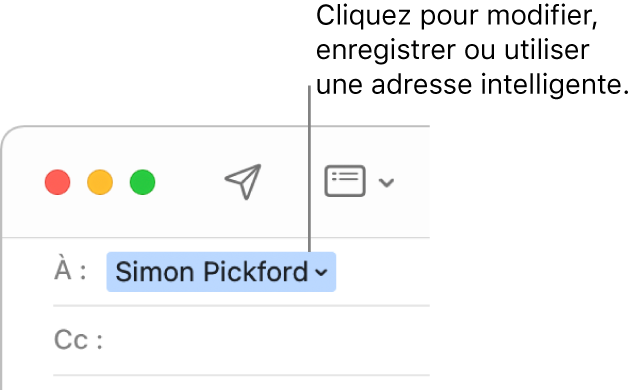 Une adresse intelligente avec la flèche sur laquelle cliquer pour modifier, enregistrer ou manipuler l’adresse.