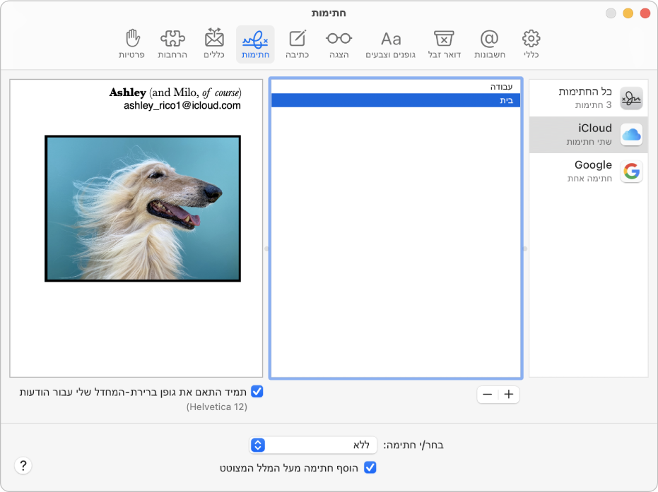 חלונית ההעדפות “חתימות” ב”דואר”, עם חותמת שמכילה מלל מעוצב ותמונה.
