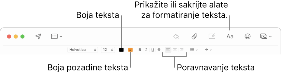 Alatna traka i traka formatiranja u novom prozoru poruke označavaju boju teksta, pozadinsku boju teksta i tipke za poravnavanje teksta.