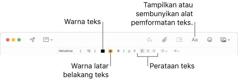 Bar alat dan bar pemformatan di jendela pesan baru yang menandakan tombol warna teks, warna latar belakang teks, dan perataan teks.