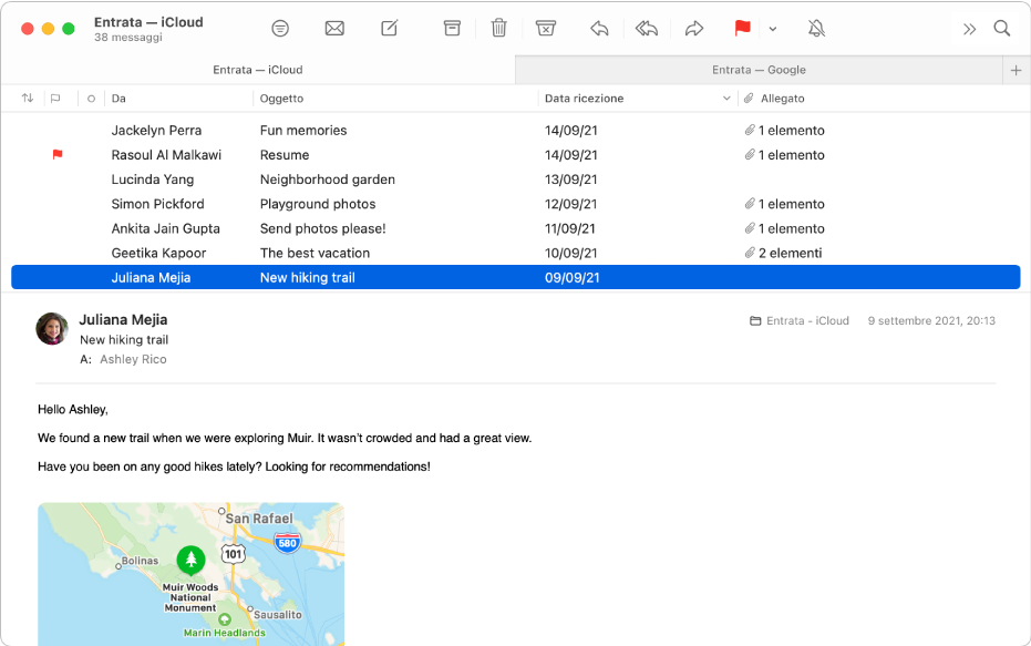 La finestra di Mail che mostra l'elenco dei messaggi nel layout colonne, con colonne come Da, Oggetto e “Data ricezione”, e l'anteprima dei messaggi sotto l'elenco.