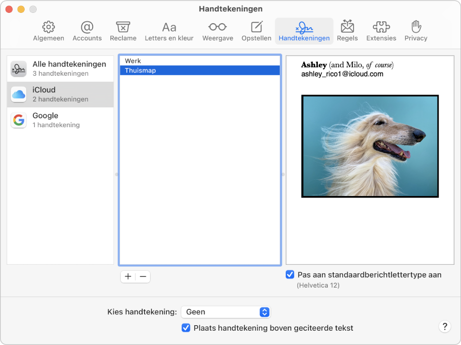Het voorkeurenpaneel 'Handtekeningen' in Mail met een handtekening die bestaat uit opgemaakte tekst en een afbeelding.