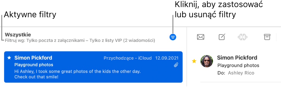 Okno Mail, w którym pokazany jest pasek narzędzi nad listą wiadomości, gdzie Mail wskazuje, które filtry zostały zastosowane, na przykład „Tylko z listy VIP”.