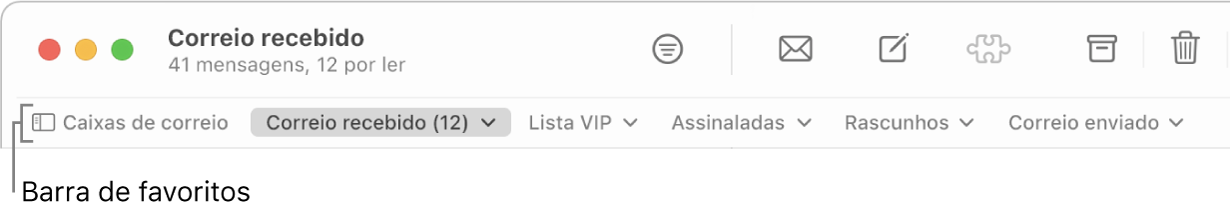 Barra de favoritos a mostrar o botão “Caixas de correio” e os botões para aceder às caixas de correio favoritas, como “Lista VIP” ou “Assinaladas”.