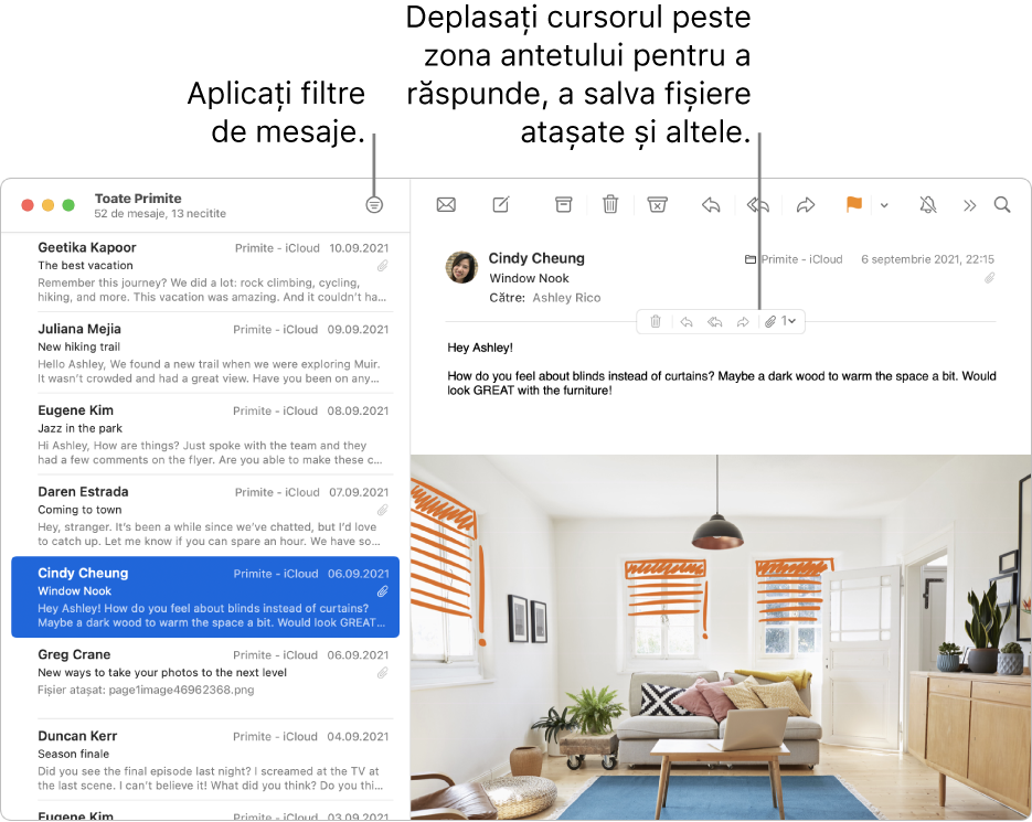 Fereastra Mail. Faceți clic pe butonul Filtru din bara de instrumente pentru a aplica filtre mesajelor. Pentru afișarea butoanelor pentru răspuns, salvarea fișierelor atașate și pentru alte opțiuni, deplasați cursorul deasupra zonei antetului unui mesaj.