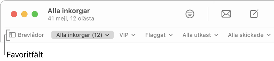 Favoritfältet med knappen Brevlådor och knappar för att öppna favoritbrevlådor, t.ex. VIP eller Flaggat.