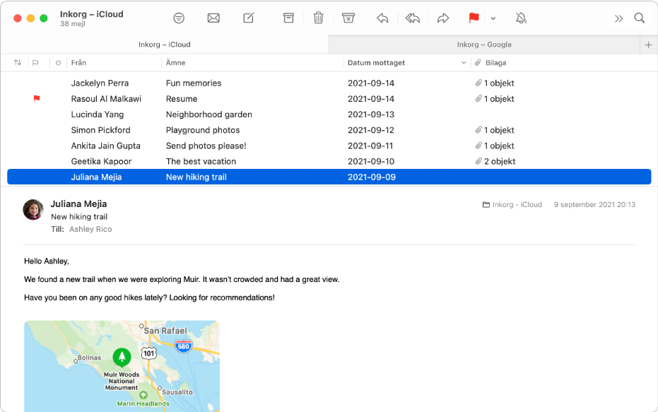 Mail-fönstret med mejllistan i kolumnlayout med kolumner som Från, Ämne och Datum mottaget samt mejlförhandsvisningen under listan.