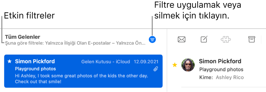 Mail penceresi, ileti listesinin üst tarafında araç çubuğunu gösteriyor. Burada Mail hangi filtrelerin (“Yalnızca Önemli Kişiler’den” gibi) uygulandığını belirtiyor.