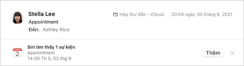 Biểu ngữ bên dưới tiêu đề thư trong khu vực xem trước sẽ hiển thị thông tin về sự kiện mà Siri đã tìm thấy trong thư. Liên kết để thêm sự kiện vào Lịch nằm ở đầu bên phải.