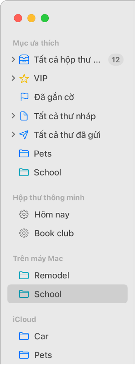Thanh bên Mail hiển thị các hộp thư tiêu chuẩn (chẳng hạn như Hộp thư đến và Thư nháp) ở đầu thanh bên và các hộp thư được tạo trong phần Trên máy Mac của tôi và phần iCloud.