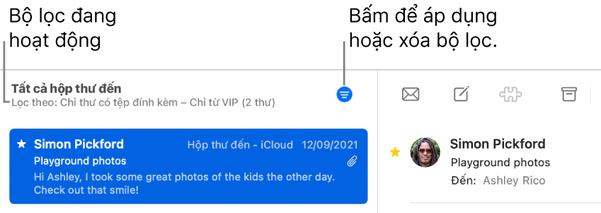 Cửa sổ Mail đang hiển thị thanh công cụ phía trên danh sách thư nơi Mail biểu thị bộ lọc được áp dụng, chẳng hạn như “Chỉ từ VIP”.