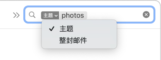 点按了搜索过滤条件的下箭头以显示两个选项：“主题”和“整封邮件”。“主题”被选中。