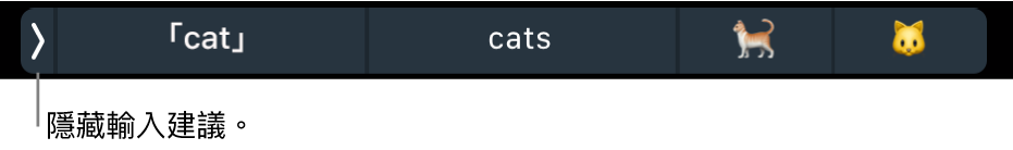 輸入建議顯示單字和表情符號，左側的按鈕用於隱藏輸入建議。