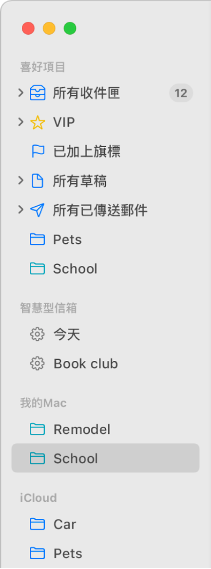 「郵件」側邊欄會在頂端顯示標準信箱（如「收件匣」和「草稿」），以及您在「我的 Mac」區域和 iCloud 區域所製作的信箱。