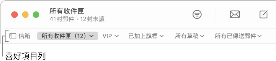 「喜好項目」列會顯示「信箱」按鈕及其他按鈕，用於取用設為喜好項目的信箱，例如 VIP 或「已加上旗標」。