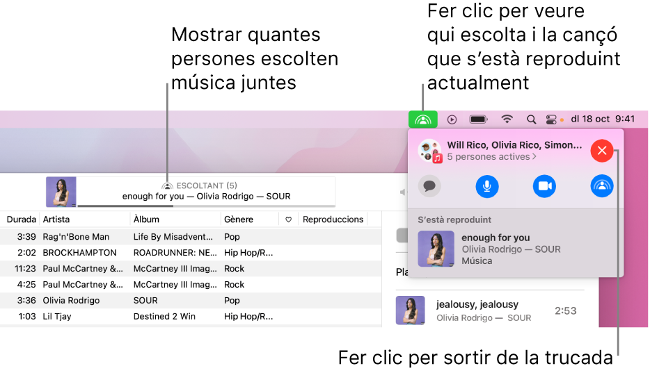 La finestra de l’Apple Music amb una cançó que es reprodueix mentre es fa servir el SharePlay. La finestra de reproducció mostra quantes persones estan escoltant música juntes. A la dreta, la icona del SharePlay apareix seleccionada i es mostra qui està escoltant la cançó que s'està reproduint. A sota, pots fer clic al botó Tancar.