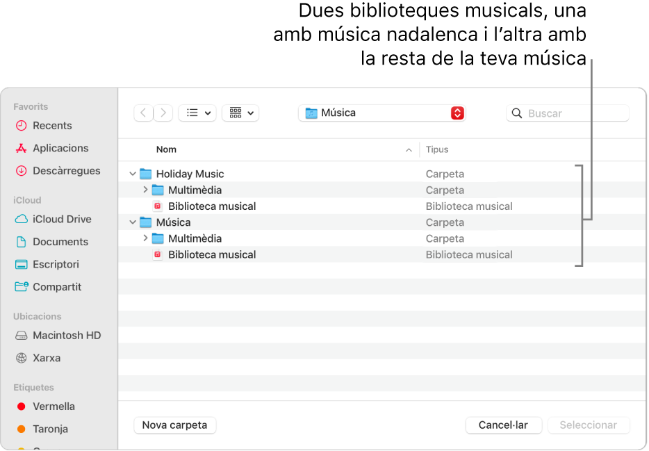 La finestra del Finder que mostra múltiples biblioteques: una de música festiva i l’altra per a la resta de la teva música.