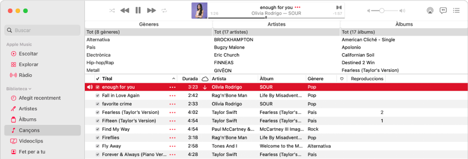 La finestra principal de l’app Música: el navegador de columnes és a la dreta de la barra lateral i a sobre de la llista de cançons.