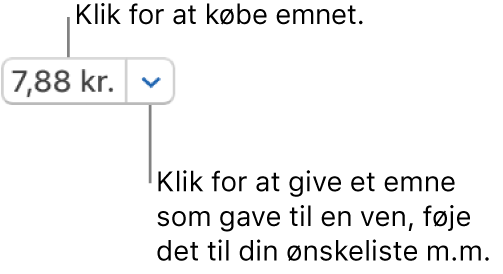 En knap, der viser en pris. Klik på prisen for at købe emnet. Klik på pilen ved siden af prisen for at give emnet som gave til en ven, føje emnet til din ønskeliste m.m.