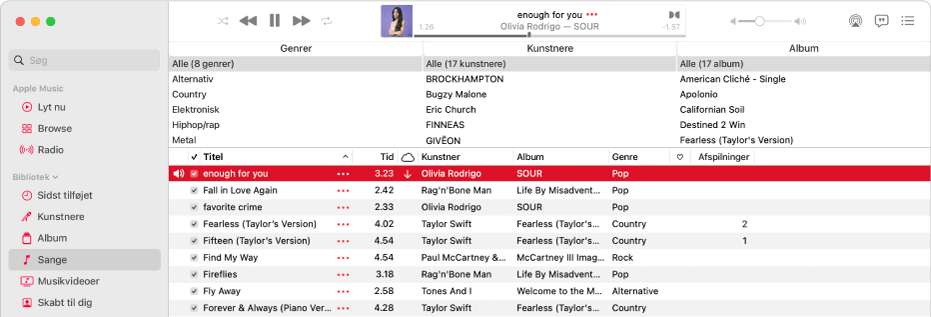 Hovedvinduet i Musik: Kolonnebrowseren er til højre for indholdsoversigten og over listen med sange.