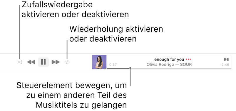 Das Banner mit dem laufenden Titel Die Taste „Zufällige Wiedergabe“ befindet sich oben links, die Taste „Wiederholen“ oben rechts. Bewege den das Navigationswerkzeug, um zu einer bestimmten Stelle eines Titels zu gelangen.