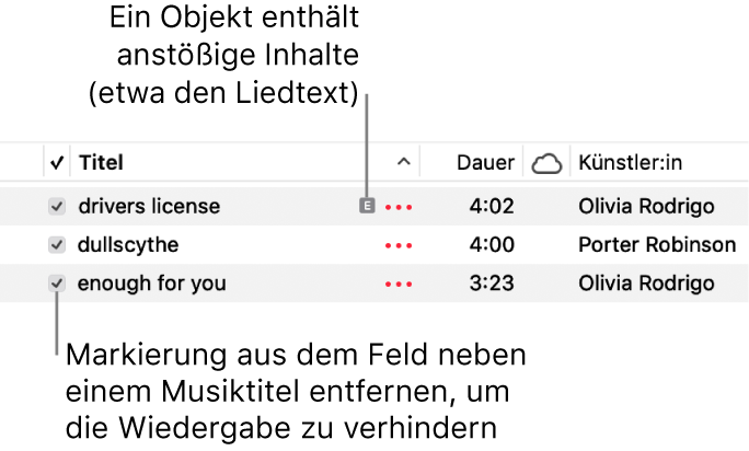 Details der Ansicht „Titel“ in der App „Musik“ mit Feldern links und einem Symbol für anstößige Inhalte beim ersten Titel (das anzeigt, dass der Titel anstößige Inhalte enthält, zum Beispiel in den Liedtexten). Durch Deaktivieren des Markierungsfelds neben einem Titel wird das Abspielen des Titels verhindert.