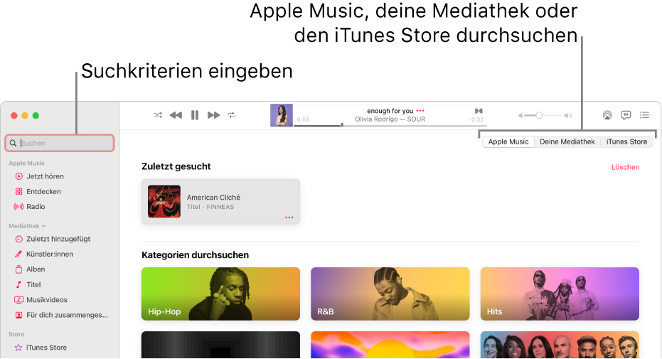 Das Apple Music-Fenster mit dem Suchfeld oben links, der Kategorienliste in der Fenstermitte und den Optionen „Apple Music“, „Deine Mediathek“ und „iTunes Store“ oben rechts. Gib Suchkriterien in das Suchfeld ein und wähle dann aus, ob Apple Music, nur deine Mediathek oder der iTunes Store durchsucht werden soll.