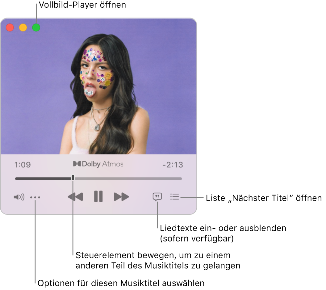 Der erweiterte MiniPlayer mit Steuerelementen für den gerade abgespielten Titel. Oben links befindet sich die grüne Taste, mit der der Vollbild-Player geöffnet wurde. Unten im Fenster ist ein Regler den bewegen kannst, um zu einem anderen Teil des Titel zu gelangen. Unter dem Regler befindet sich links die Taste „Mehr“, über die du Darstellungsoptionen und andere Optionen für die gerade abgespielten Titel auswählen kannst. Ganz rechts unter dem Regler sind zwei Tasten: die Taste „Liedtext“ zum Ein- oder Ausblenden von vorhandenen Liedtexten und die Taste „Nächster Titel“, um zu sehen, welche Titel als Nächstes gespielt werden.