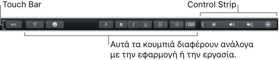 Το Touch Bar κατά μήκος του πάνω μέρους του πληκτρολογίου, όπου εμφανίζεται το συμπτυγμένο Control Strip στα δεξιά, και κουμπιά που διαφέρουν ανά εφαρμογή ή εργασία.